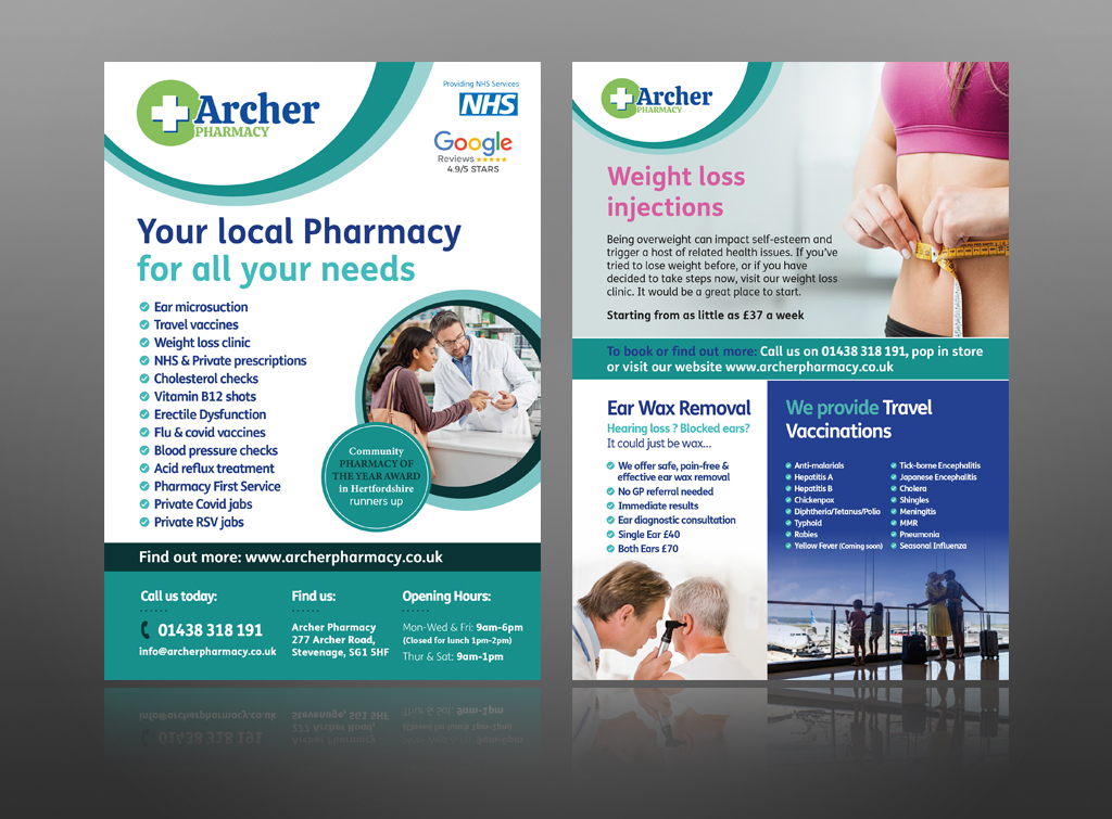 Pharmacy leaflet layout design ideas flyer chemist NHs prescription flyer example