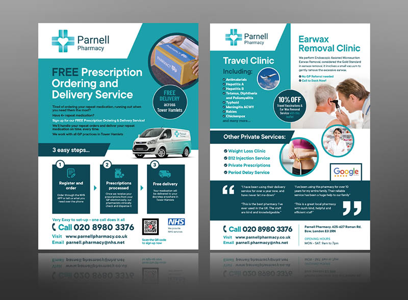 pharmacy leaflet flyer design template ear wax removal travel clinic