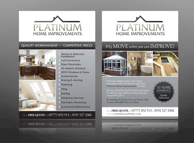New branding, a logo, brochure, business cards & leaflet design for platinum home improvements, specialising in kitchens, bathrooms and gardens, for bed and breakfasts, hotels in lake district, keswick, windermere and ambleside